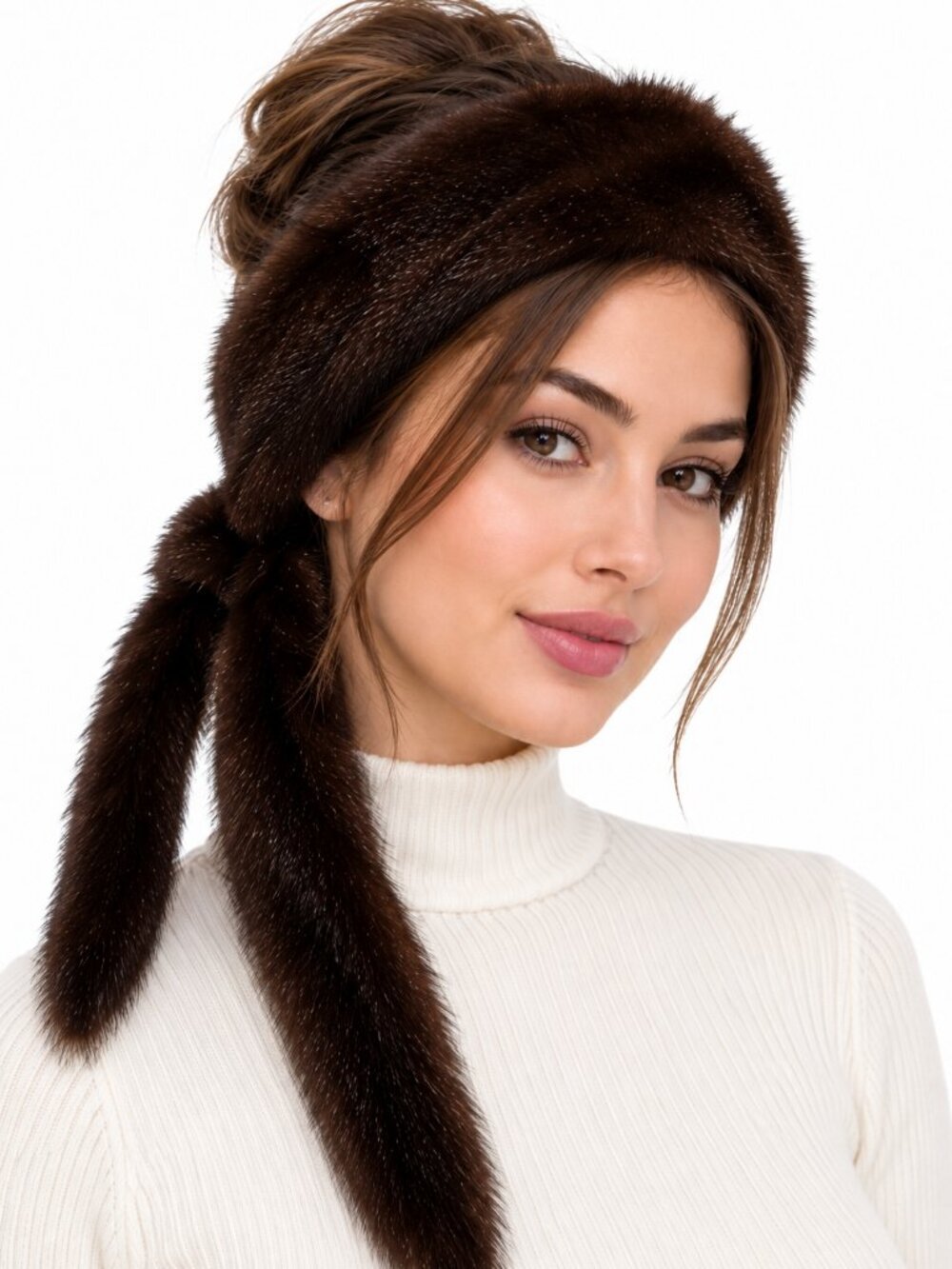 Vintage Dark Brown Genuine Fur Headband Scarf with Long Ties